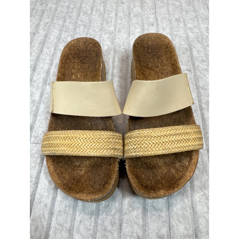 Reef Vista Hi Platform Slide‎ Sandals Cream Tan Woven Vegan Leather Womens 11
